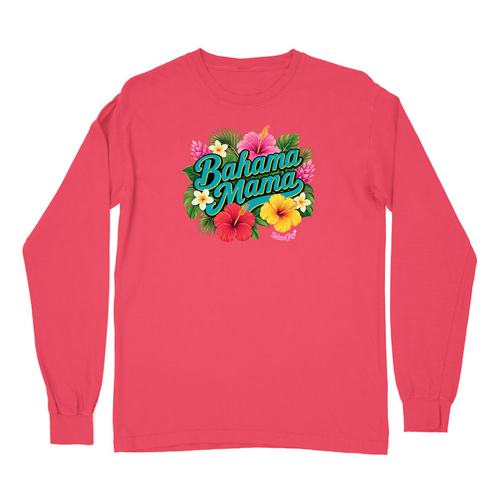 Red long-sleeve shirt with 'Bahama Mama' text and floral design on a white background