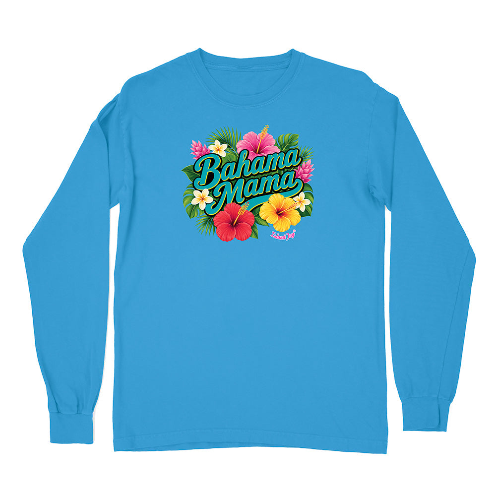 Blue long-sleeve shirt with 'Bahama Mama' text and floral design on a white background