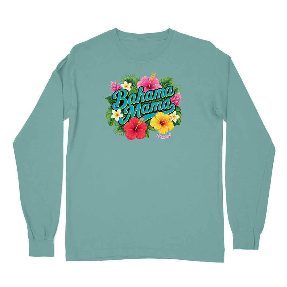 Teal long-sleeve shirt with 'Bahama Mama' text and floral design on a white background