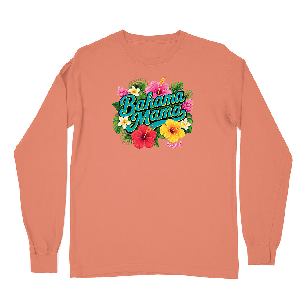 Peach long-sleeve shirt with 'Bahama Mama' text and floral design on a white background