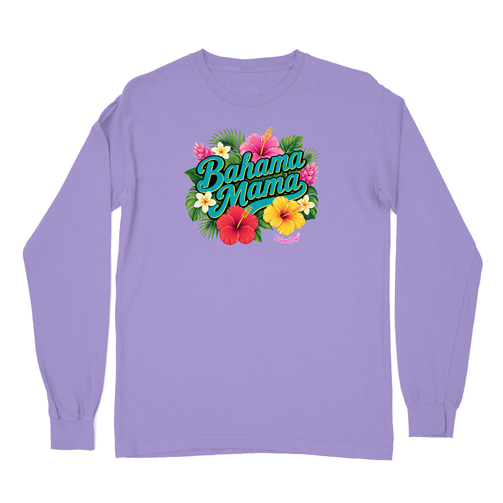 Purple long-sleeve shirt with 'Bahama Mama' text and floral design on a white background