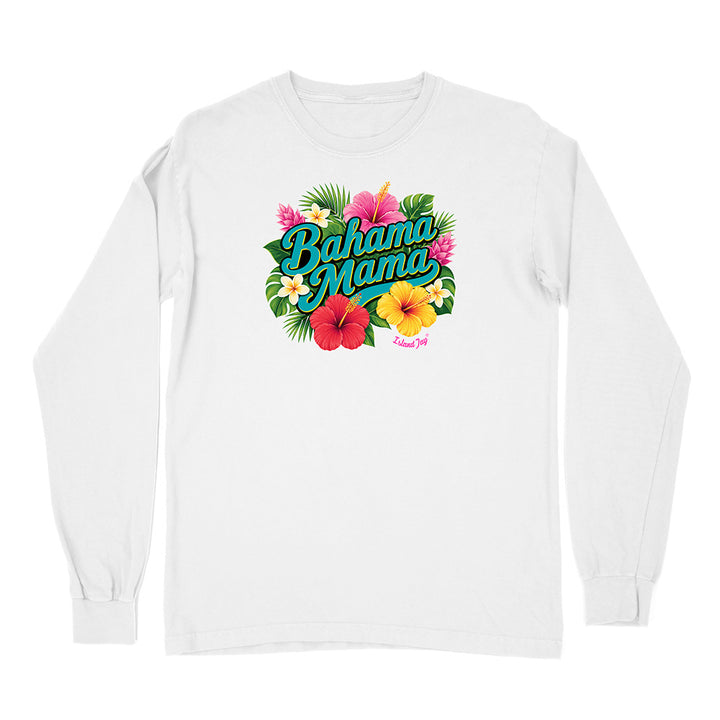 White long-sleeve shirt with 'Bahama Mama' graphic design featuring flowers on a white background