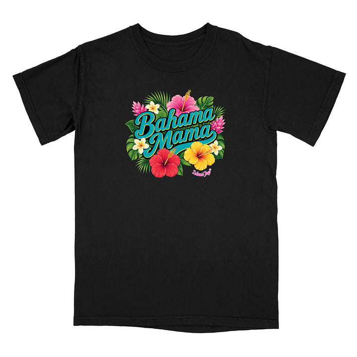 Black t-shirt with 'Bahama Mama' text and floral design on a white background