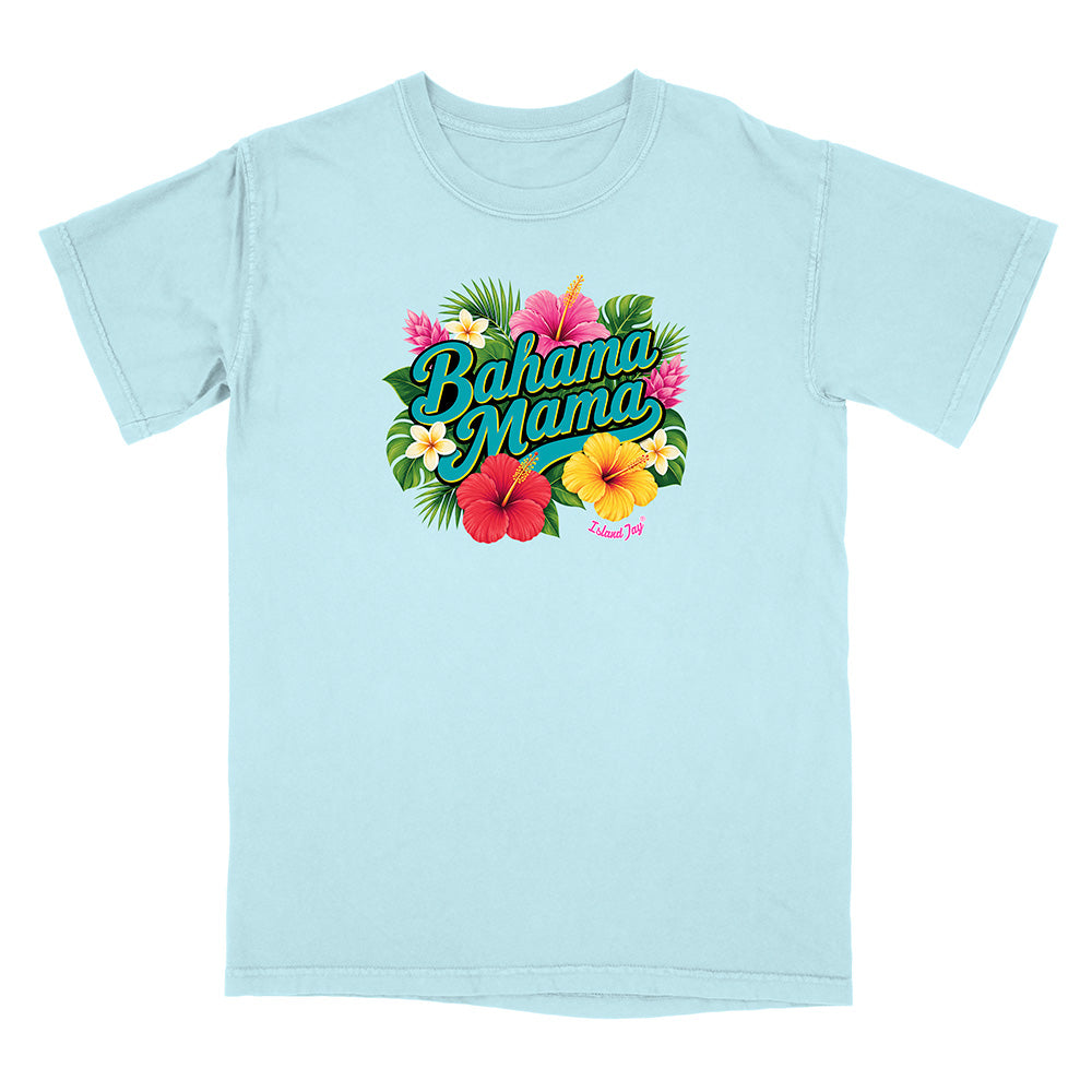 Light blue t-shirt with 'Bahama Mama' text and floral design on a white background