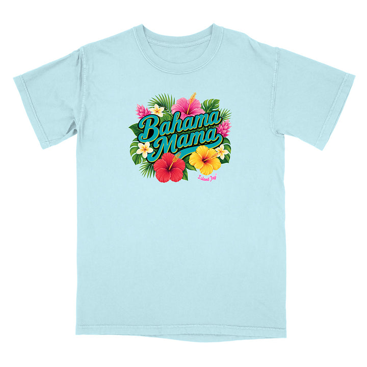 Light blue t-shirt with 'Bahama Mama' text and floral design on a white background