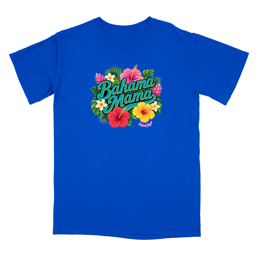 Blue t-shirt with 'Bahama Mama' text and floral design on a white background