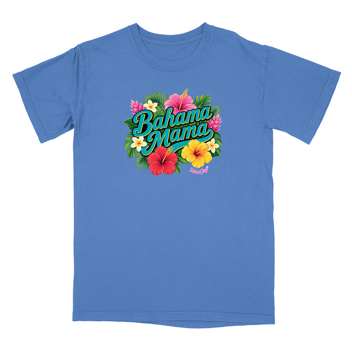 Blue t-shirt with 'Bahama Mama' text and floral design on a white background