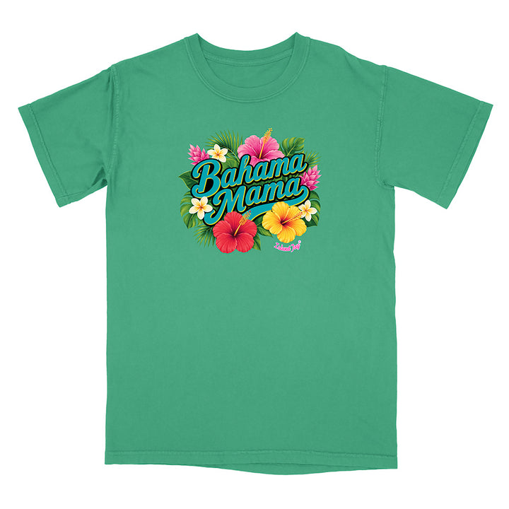 Green t-shirt with 'Bahama Mama' text and floral design on a white background