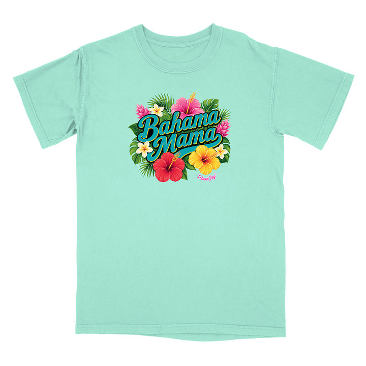Mint green t-shirt with 'Bahama Mama' text and floral design on a white background