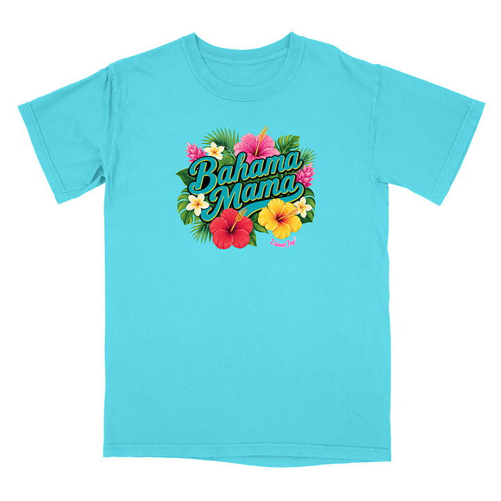 Blue t-shirt with 'Bahama Mama' text and floral design on a white background