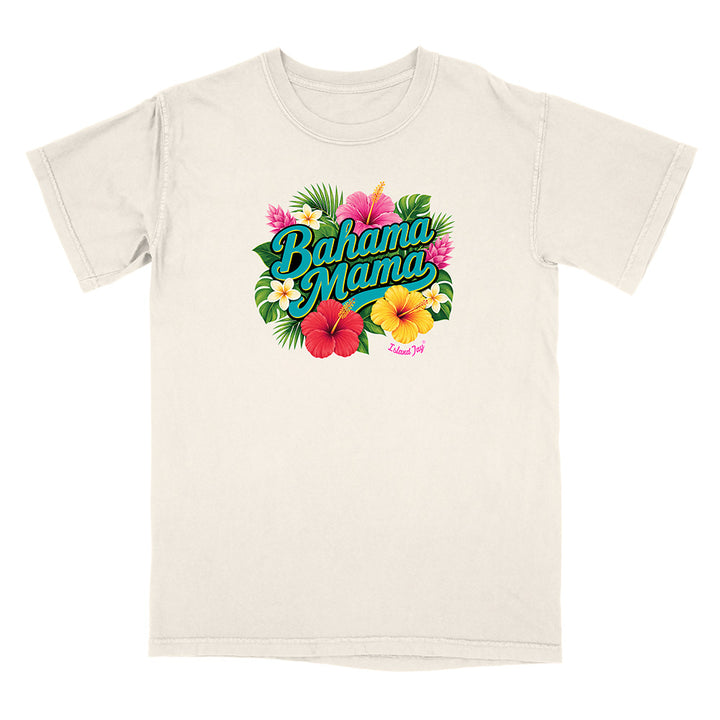 Beige t-shirt with 'Bahama Mama' text and floral design on a white background