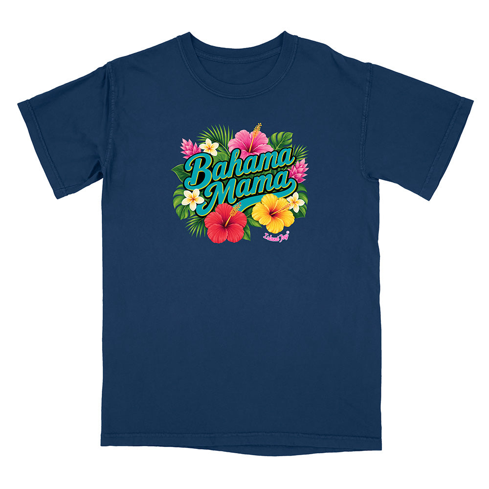 Navy blue t-shirt with 'Bahama Mama' text and floral design on a white background