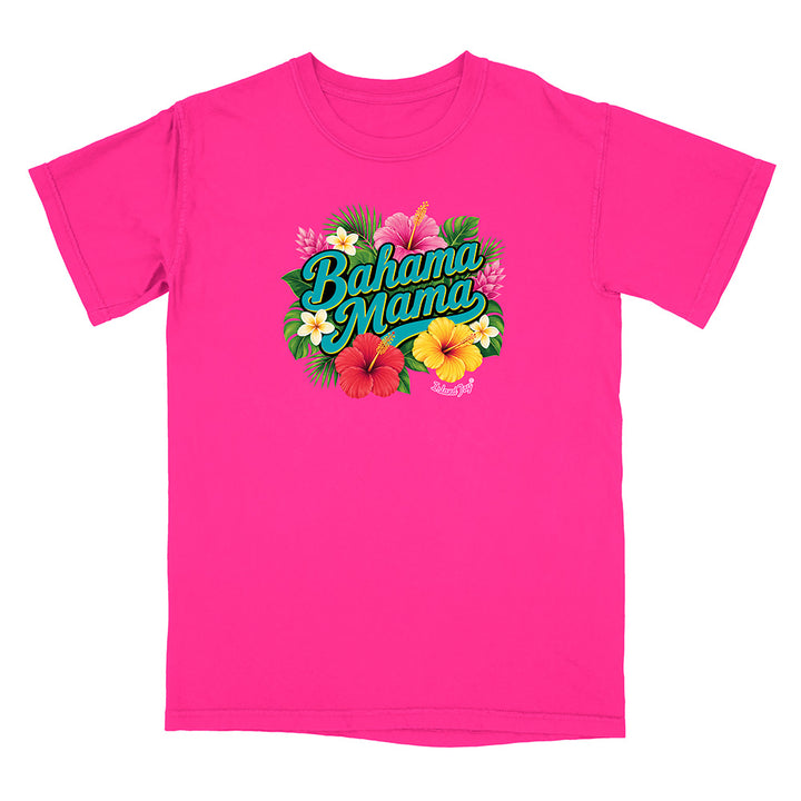 Pink t-shirt with 'Bahama Mama' text and tropical graphics on a white background