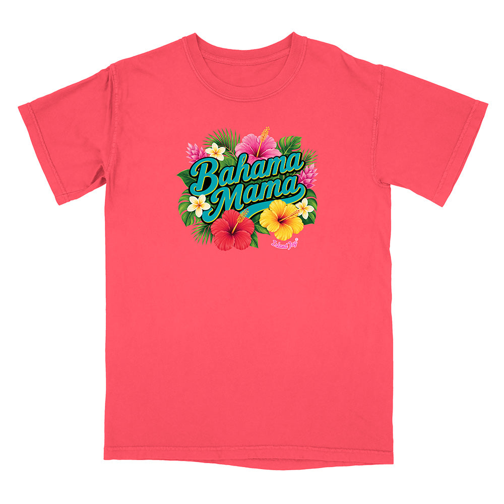 Red t-shirt with 'Bahama Mama' text and floral design on a white background