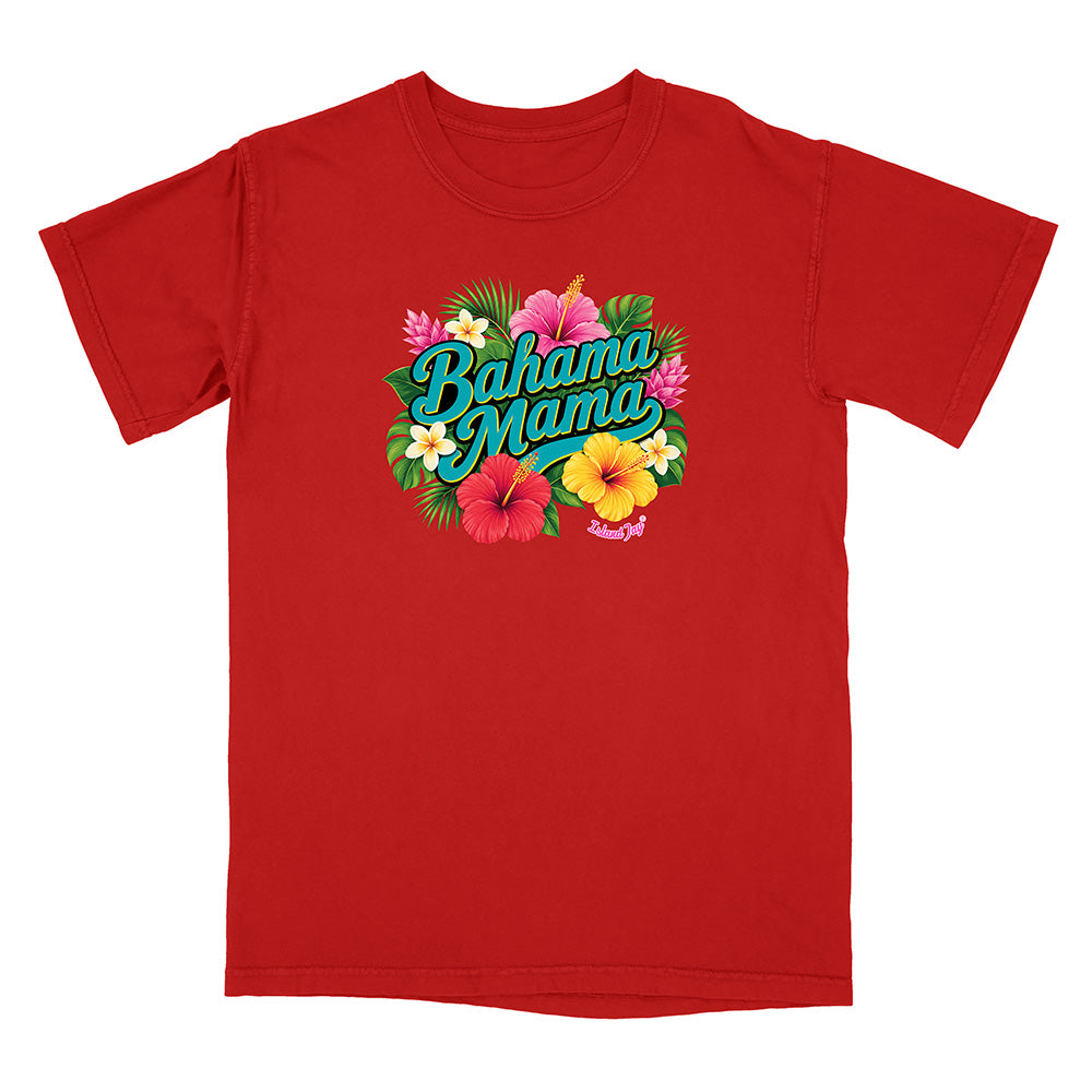 Red t-shirt with 'Bahama Mama' text and floral design on a white background