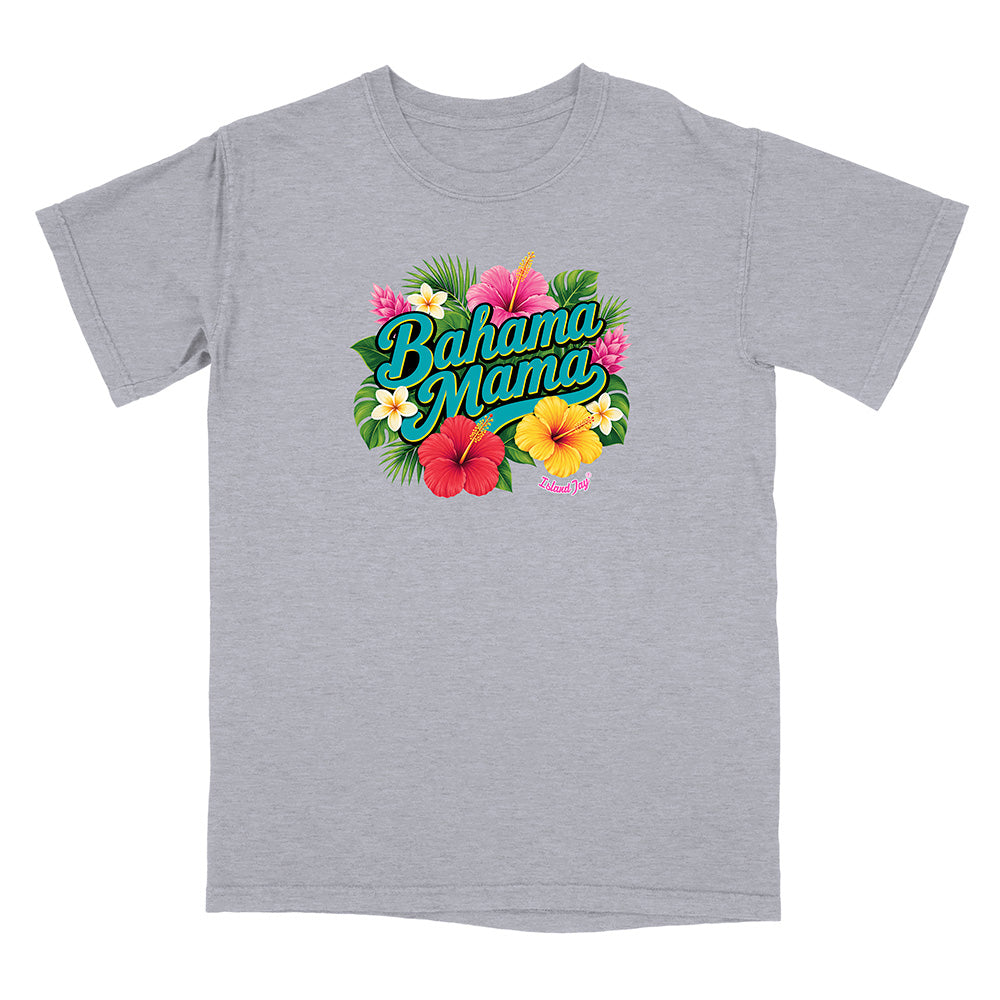 Gray t-shirt with 'Bahama Mama' text and floral design on a white background