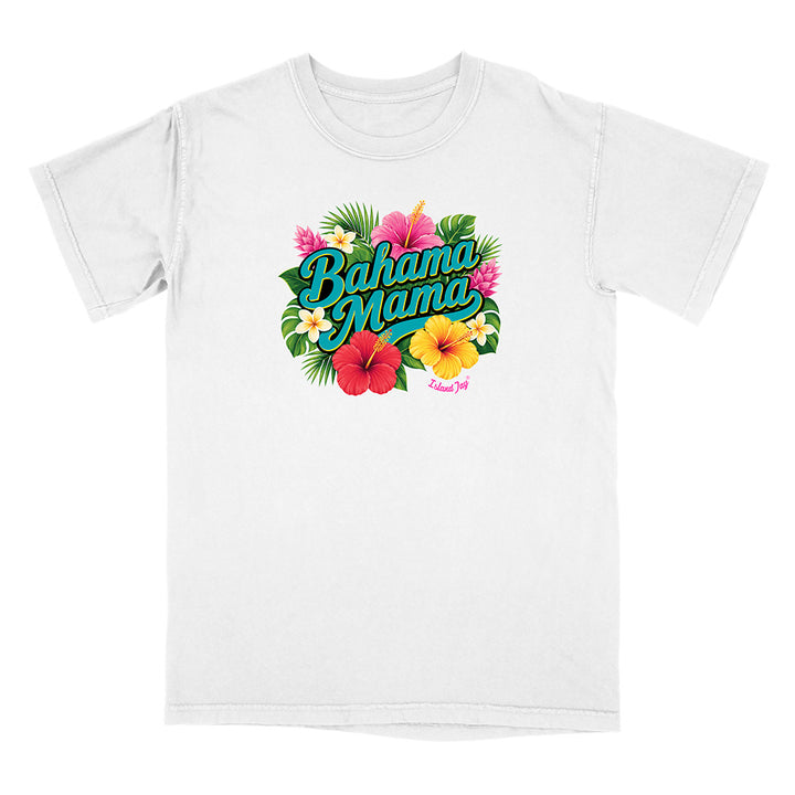 White t-shirt with 'Bahama Mama' graphic design featuring flowers on a white background