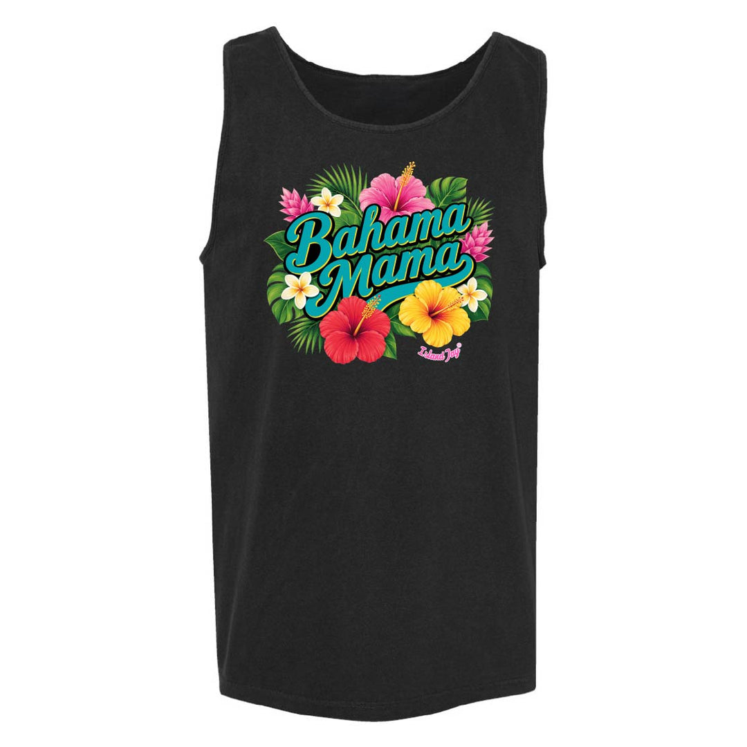 Black tank top with 'Bahama Mama' text and floral design on a white background