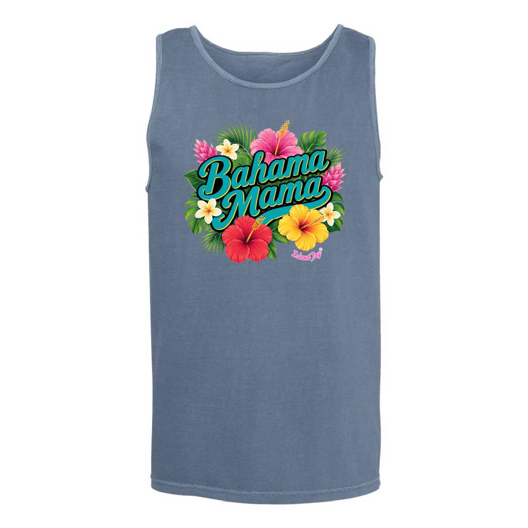 Blue tank top with 'Bahama Mama' text and floral design on a white background