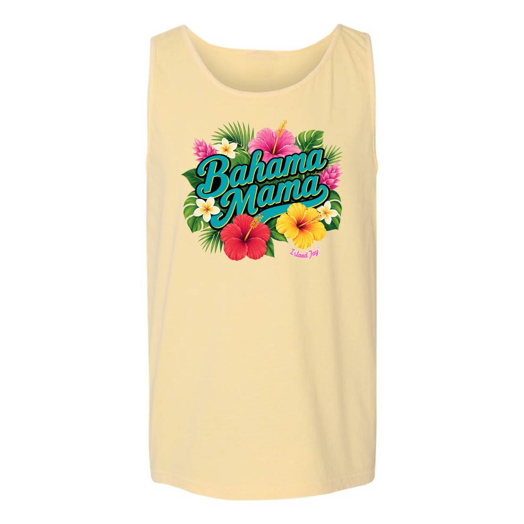 Beige tank top with 'Bahama Mama' text and tropical flowers on a white background