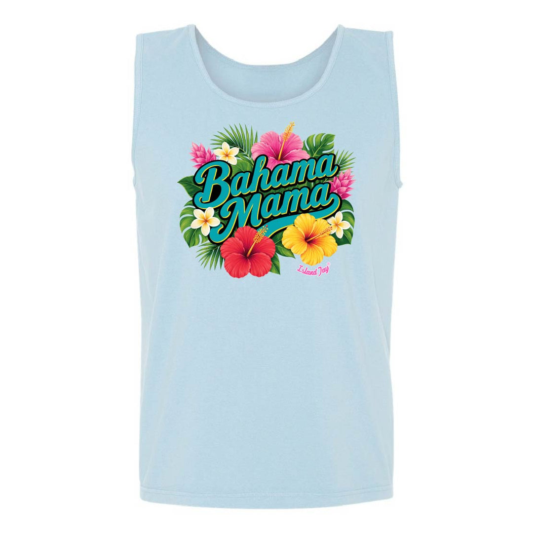 Light blue tank top with 'Bahama Mama' text and floral design on a white background