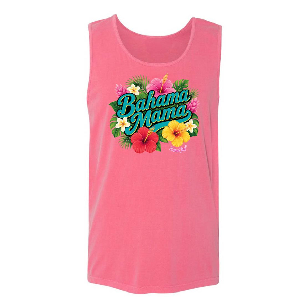 Pink tank top with 'Bahama Mama' text and floral design on a white background