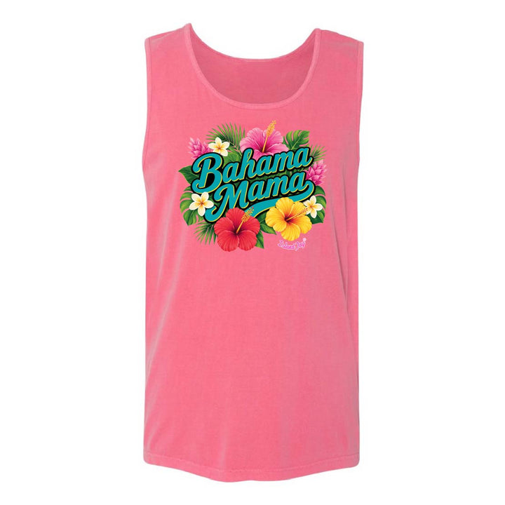 Pink tank top with 'Bahama Mama' text and floral design on a white background