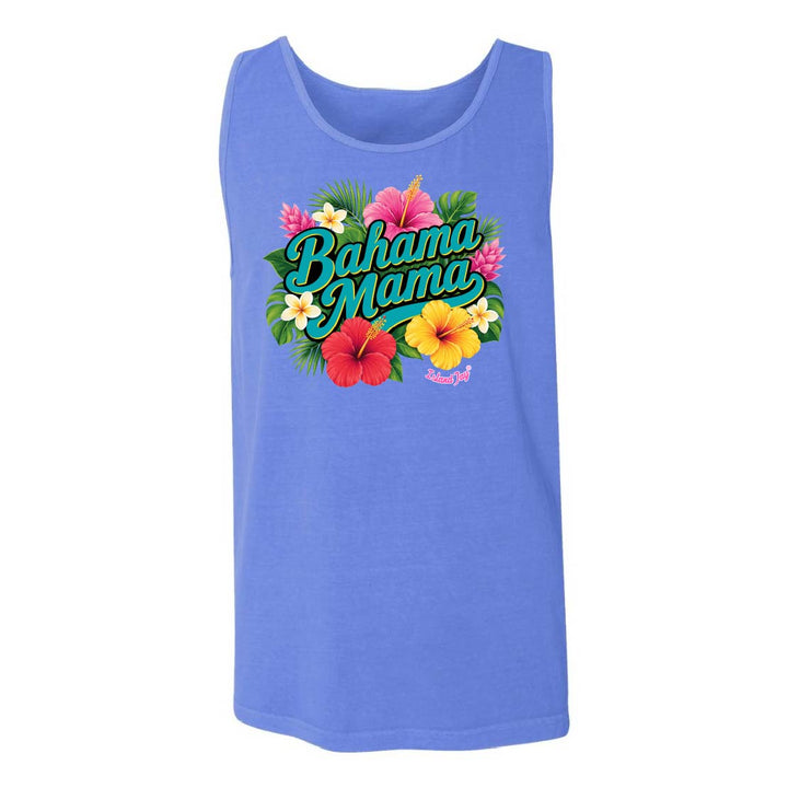 Blue tank top with 'Bahama Mama' text and floral design on a white background