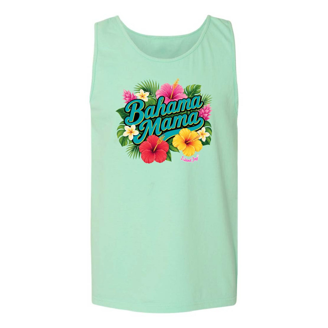 Mint green tank top with 'Bahama Mama' text and floral design on a white background
