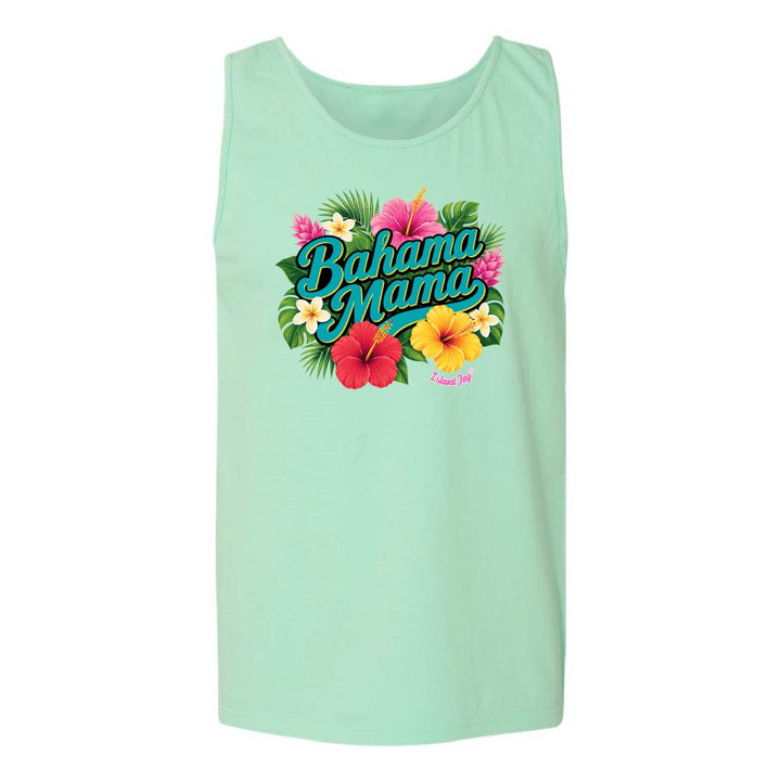Mint green tank top with 'Bahama Mama' text and floral design on a white background