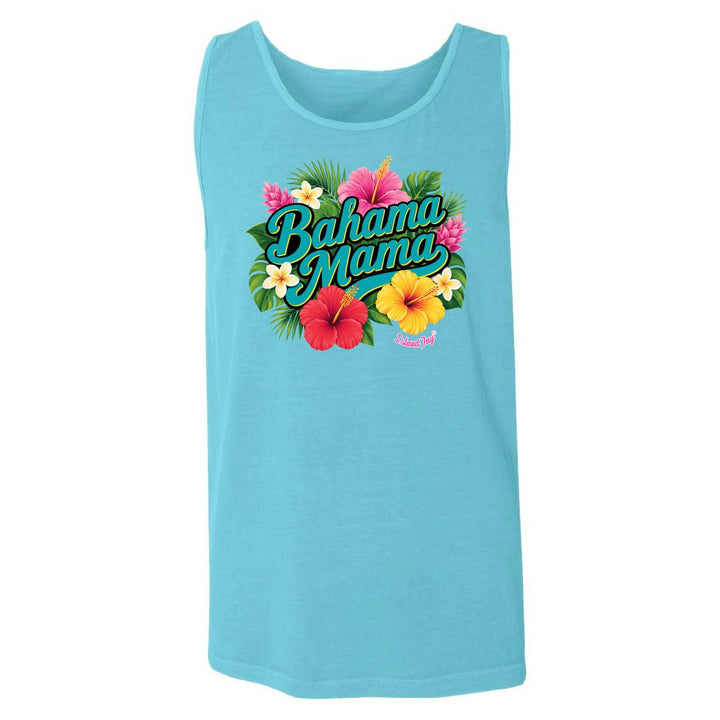 Blue tank top with 'Bahama Mama' text and floral design on a white background