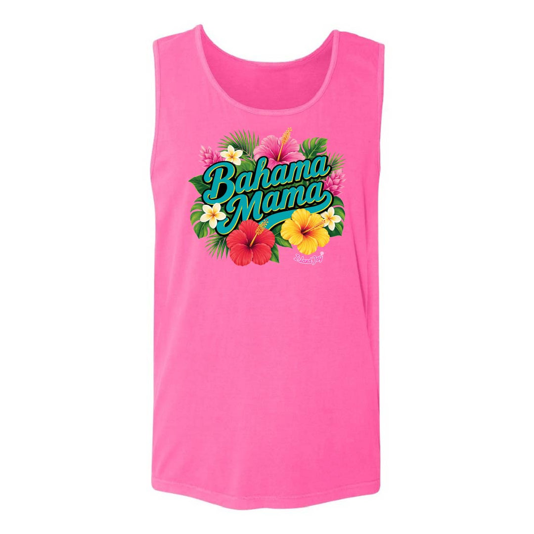 Pink tank top with 'Bahama Mama' text and floral design on a white background