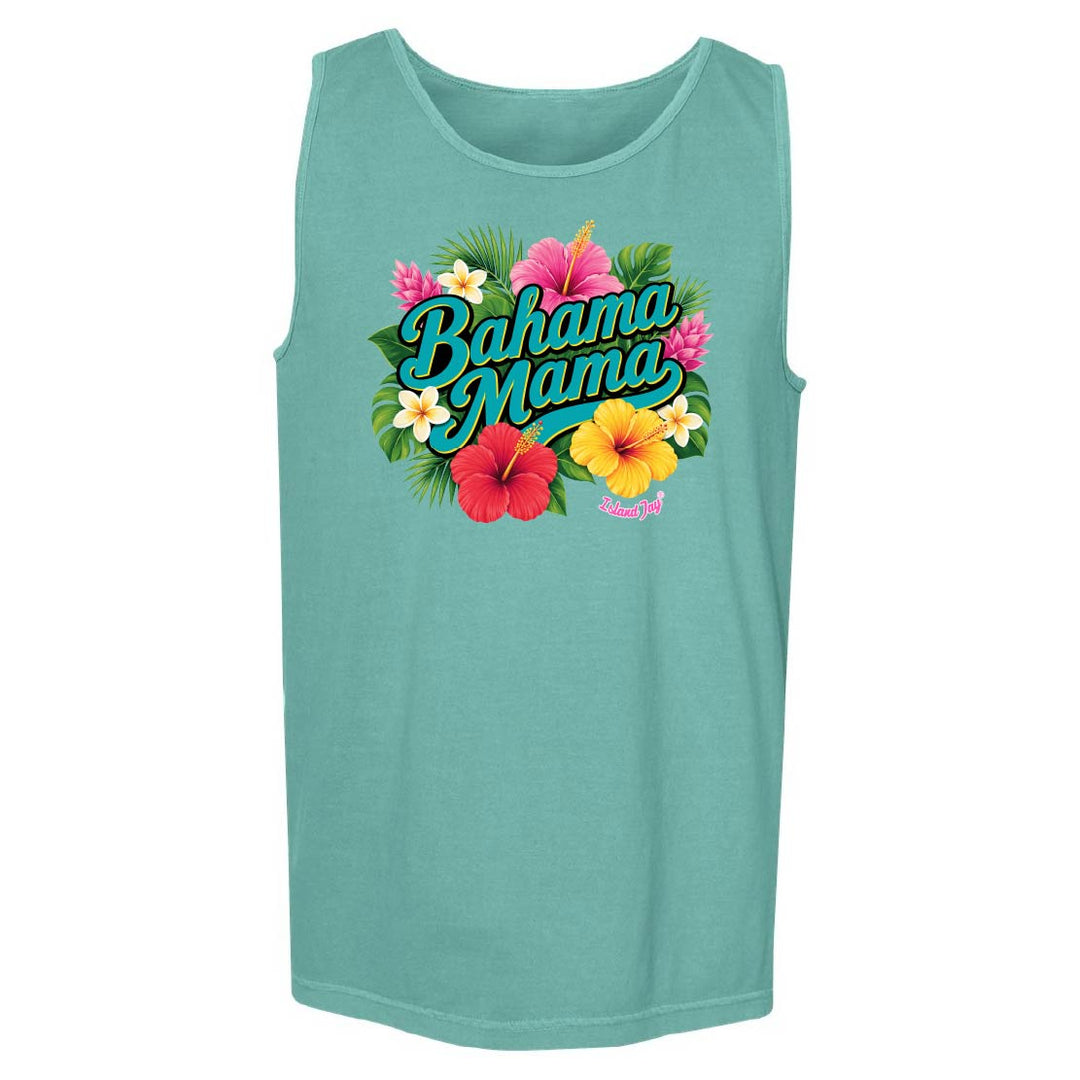 Teal tank top with 'Bahama Mama' text and floral design on a white background