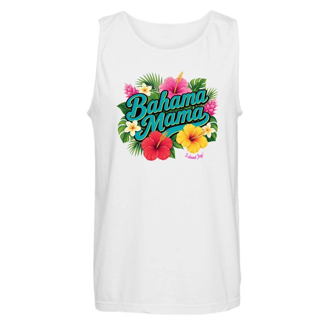 White tank top with 'Bahama Mama' text and tropical flowers on a white background