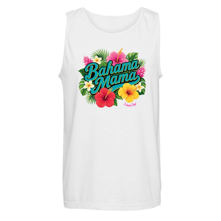 White tank top with 'Bahama Mama' text and tropical flowers on a white background