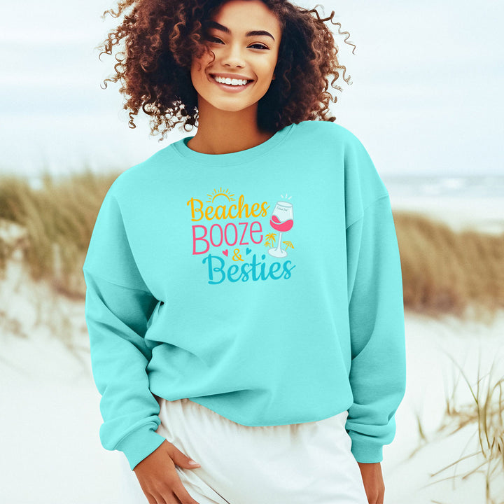 Beaches, Booze, & Besties Soft Style Sweatshirt Model Wearing Scuba Blue