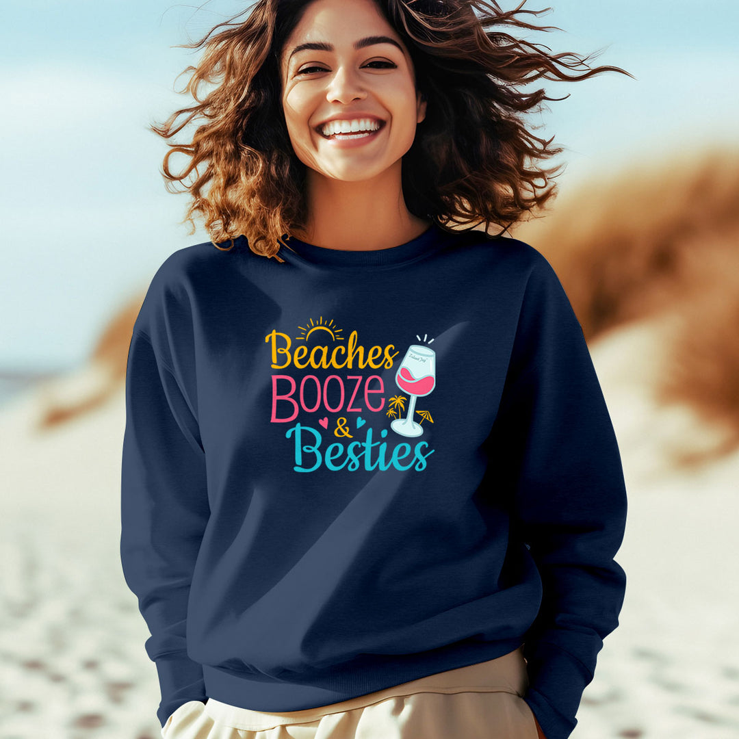 Beaches, Booze, & Besties Soft Style Sweatshirt Model Wearing Navy