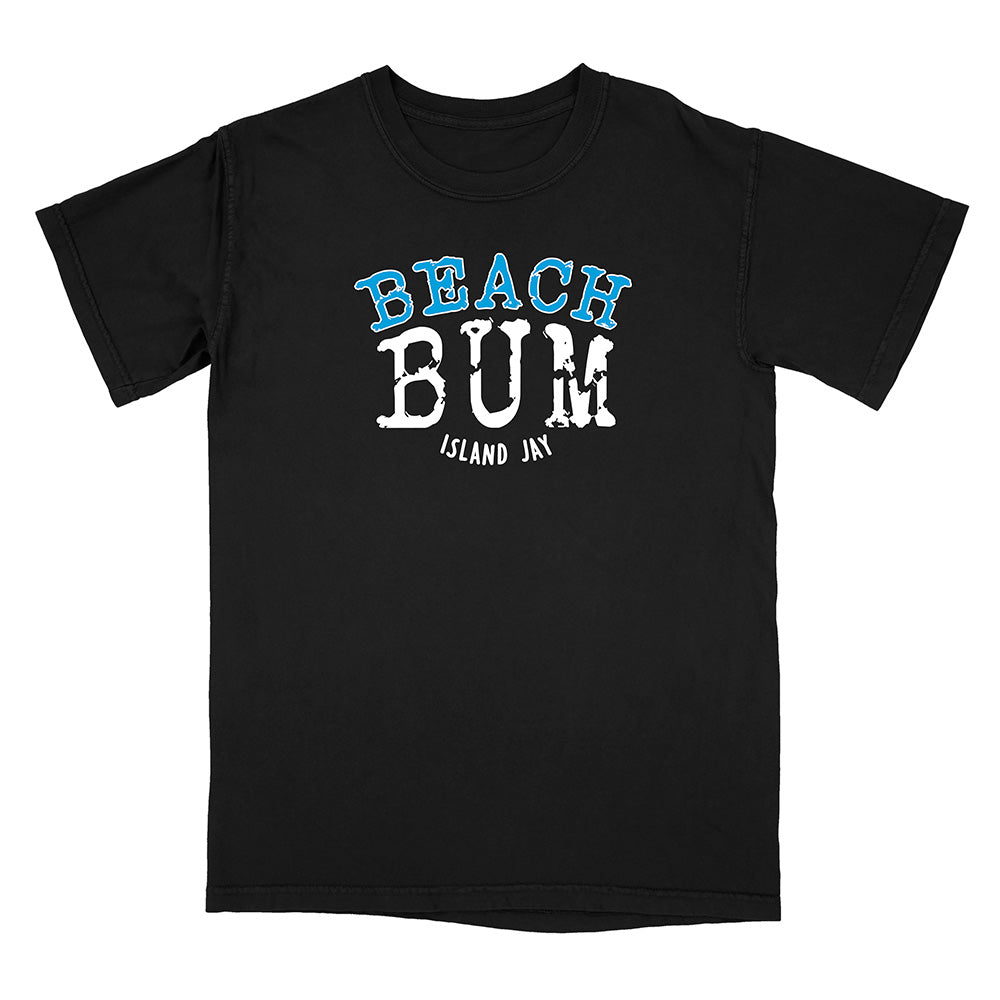 Black t-shirt with 'Beach Bum' text on a white background