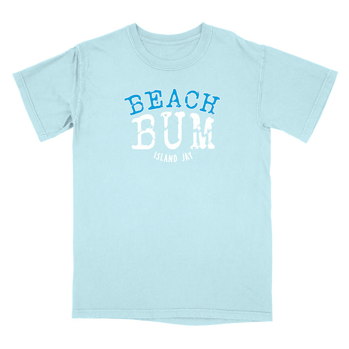 Light blue t-shirt with 'Beach Bum' text on a white background