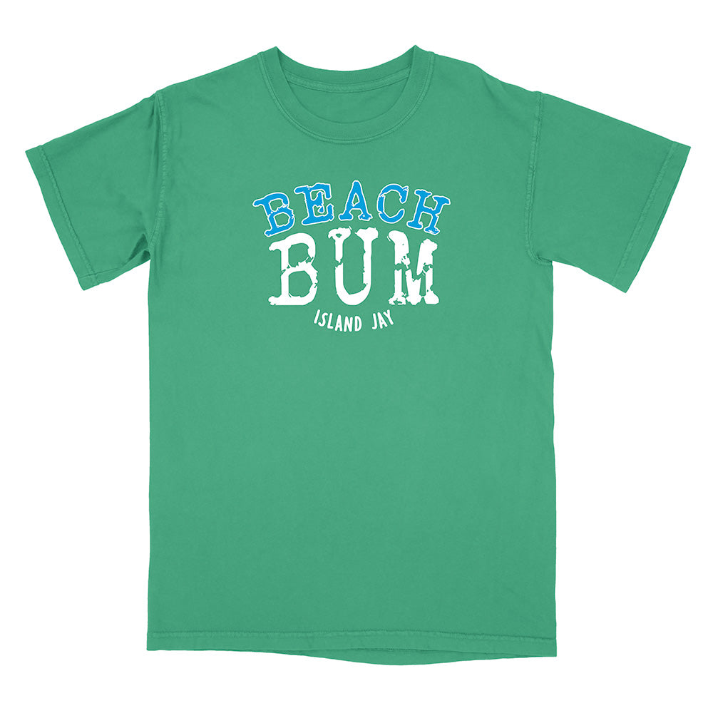 Green t-shirt with 'Beach Bum' text on a white background