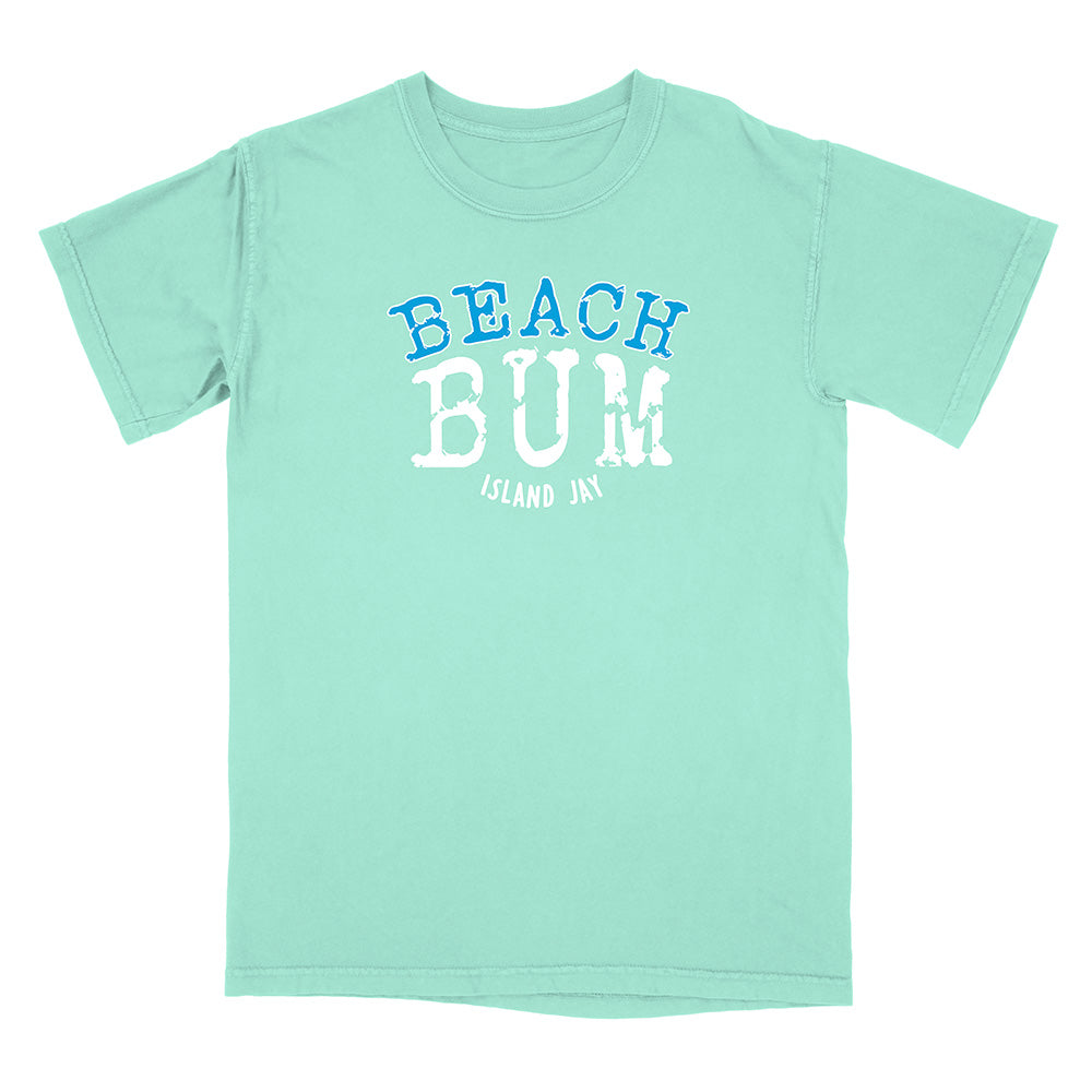 Mint green t-shirt with 'Beach Bum' text on a white background