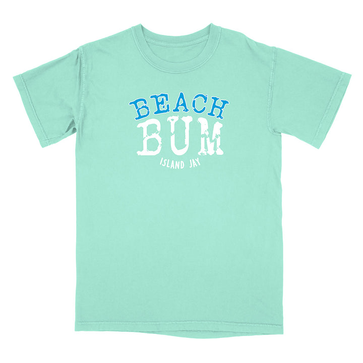 Mint green t-shirt with 'Beach Bum' text on a white background