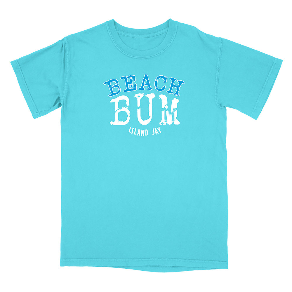 Turquoise t-shirt with 'Beach Bum' text on a white background