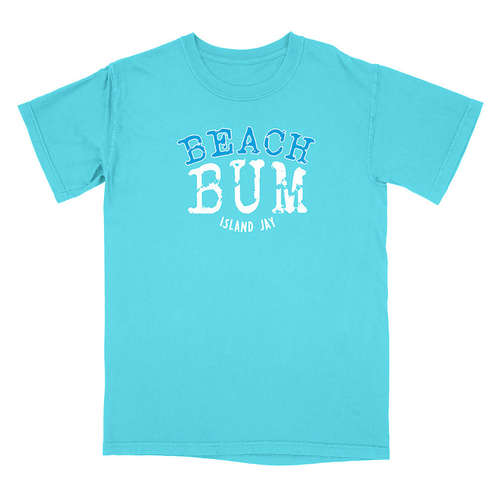Turquoise t-shirt with 'Beach Bum' text on a white background