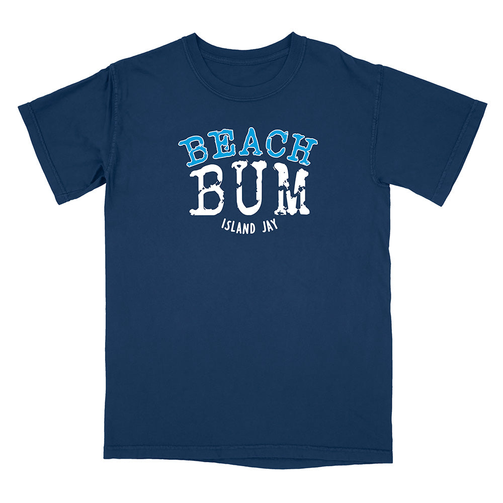 Navy blue t-shirt with 'Beach Bum' text on a white background