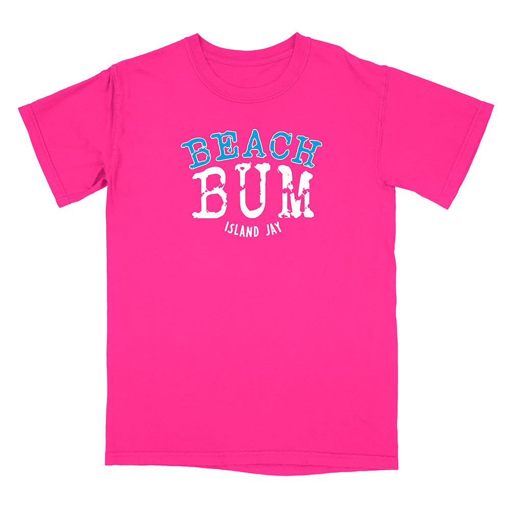 Pink t-shirt with 'Beach Bum' text on a white background