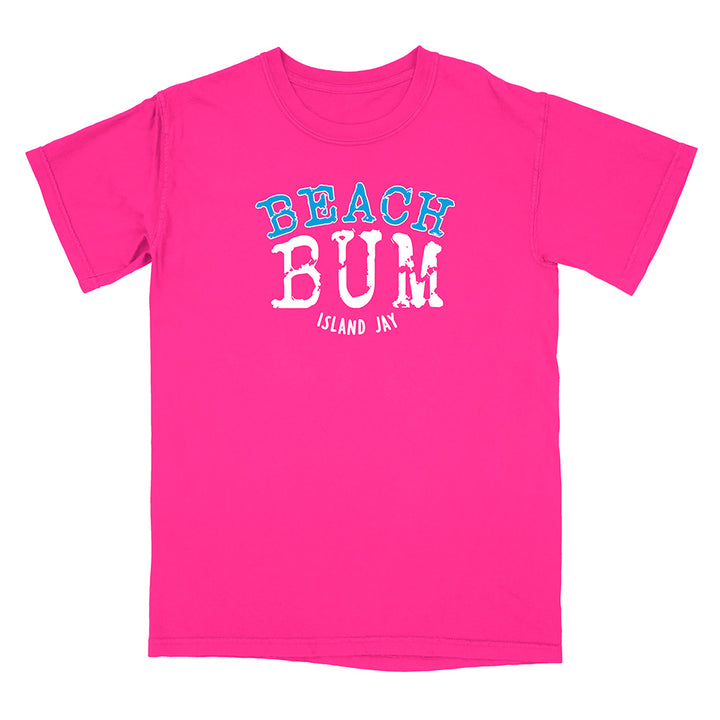 Pink t-shirt with 'Beach Bum' text on a white background