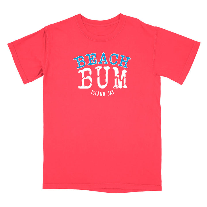 Red t-shirt with 'Beach Bum' text on a white background