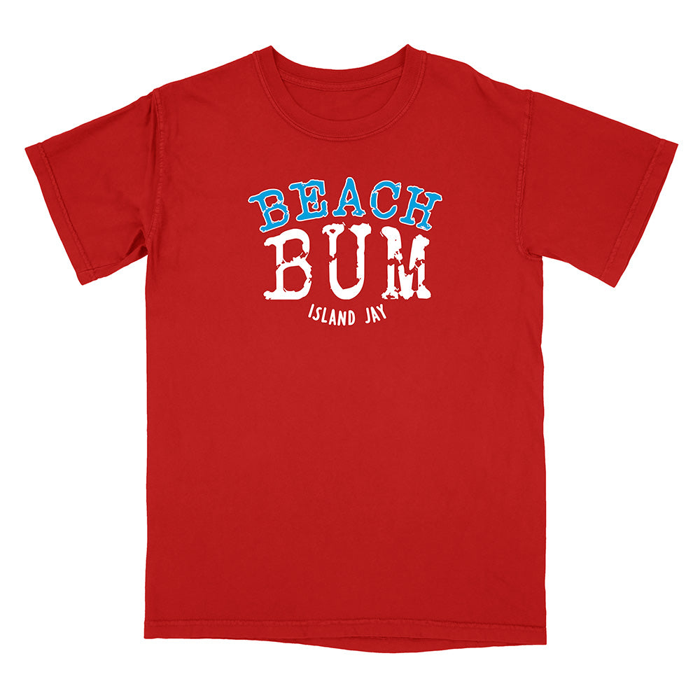 Red t-shirt with 'Beach Bum' text on a white background