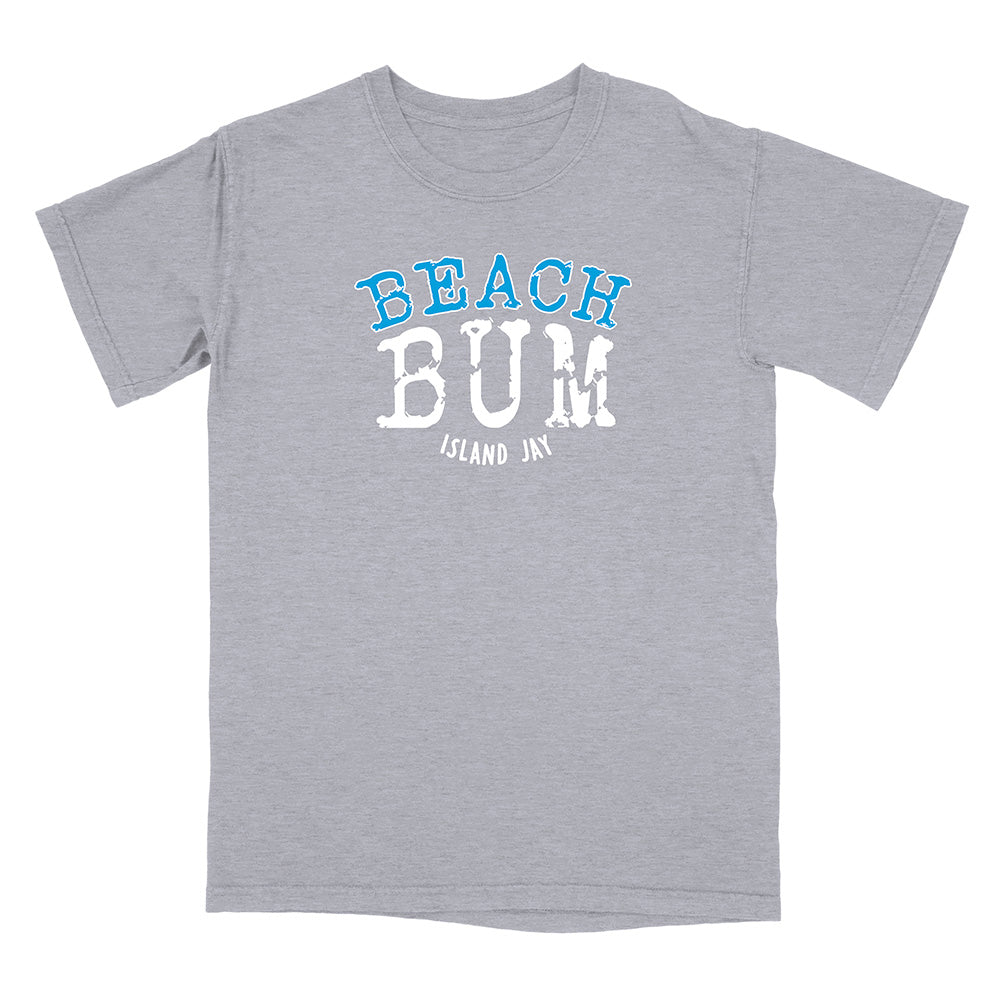 Gray t-shirt with 'Beach Bum' text on a white background
